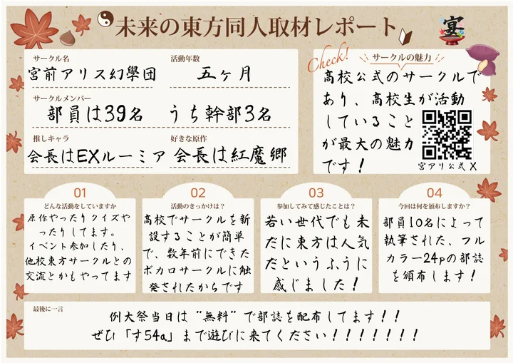 都立西高校東方サークル 宮前アリス幻學団の取材レポート